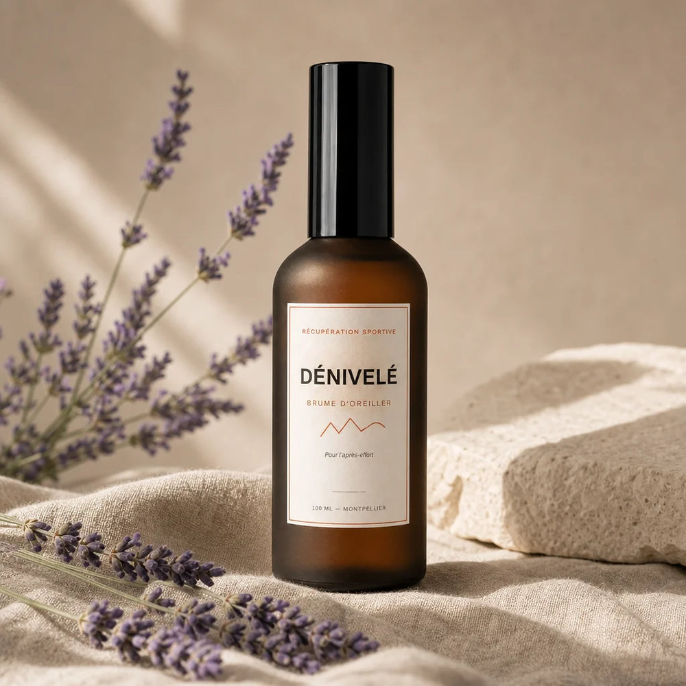 Immersive premium product portrait, square format. Place the exact Dénivelé bottle upright and domin